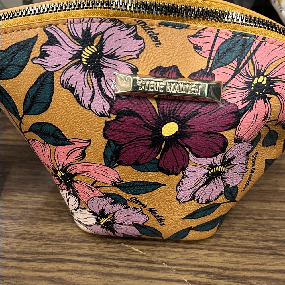 Steve Madden Floral Cosmetic Bag in Mustard with Pink and Green Accents
